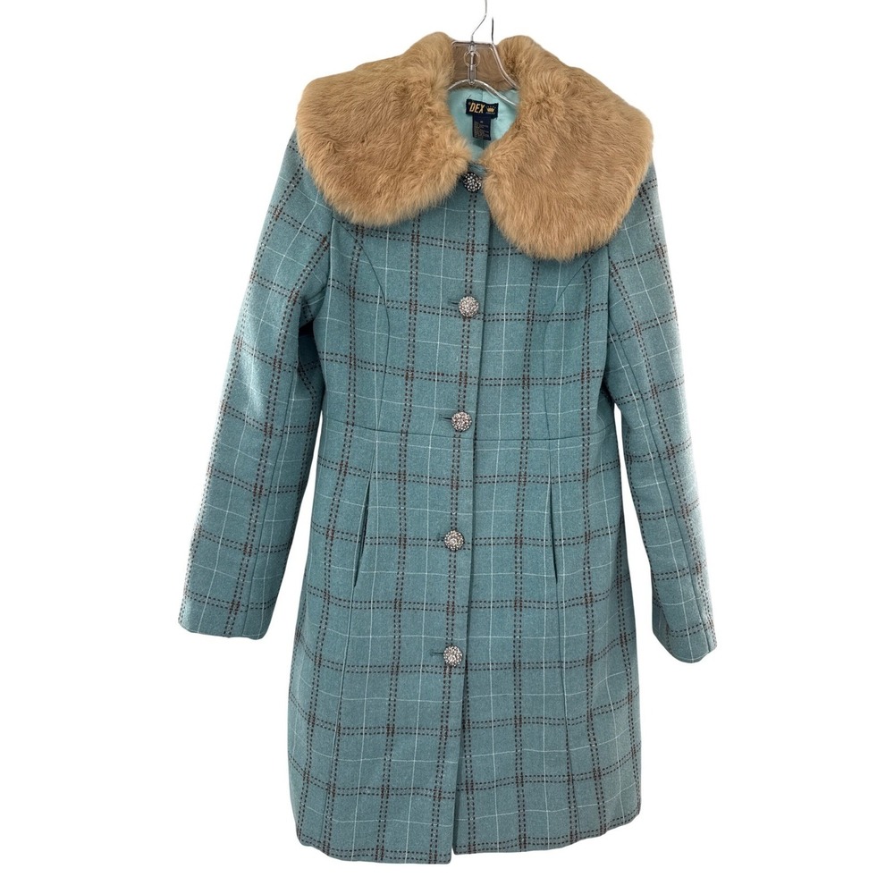 DEX Women's Teal Plaid Wool Blend Coat Fur Removable Collar Rhinestone Buttons M